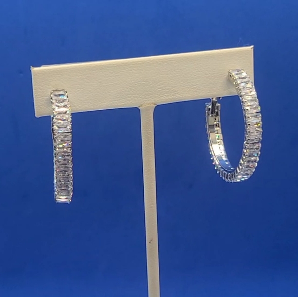 NEW Silver Baguette Diamond Hoop Earrings - Picture 6 of 8
